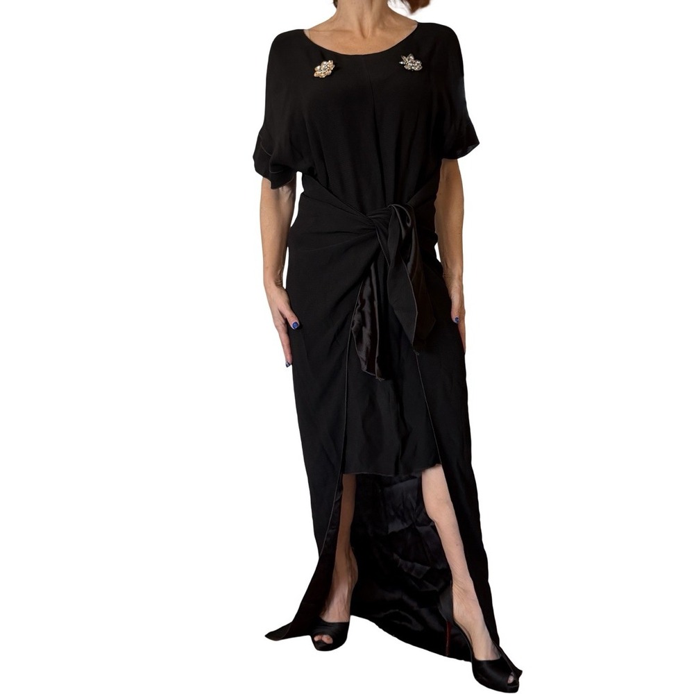 Issa London Black Rhinestone Brooch Wrap Dress Lagenlook Draped Tie Hi Lo 4